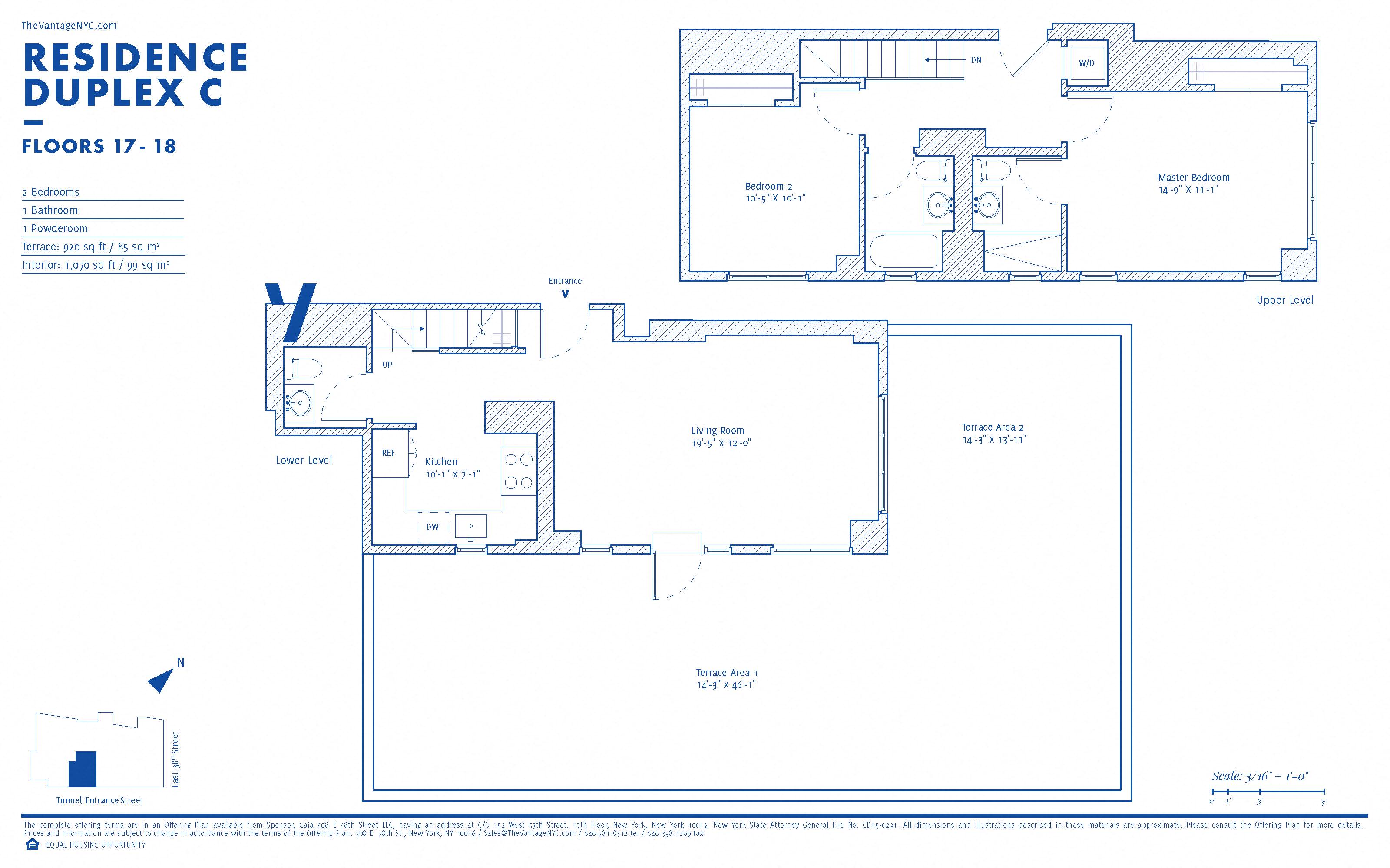 Floor plan for 2 beds, 2.5 baths, 1060 sqft